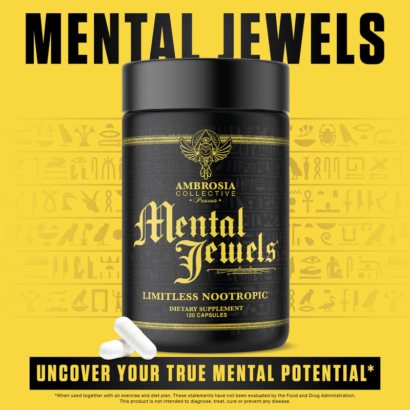 Ambrosia Mental Jewels Nootropic Brain Supplement | Alpha GPC, Bacopa & Phosphatidylserine | Memory, Focus & Concentration Support | 120 Veggie Capsules (30 Day Supply)