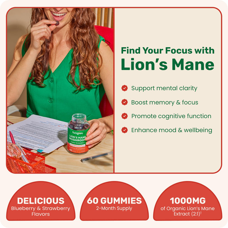 Fungies Lion's Mane Mushroom Gummies, Mixed Blueberry & Strawberry Flavor - Mushroom Supplement Gummy for Adults & Children Supports Brain Health, Cognitive Function, Focus, Memory & Mood, 60 Servings Lion‚Äôs Mane