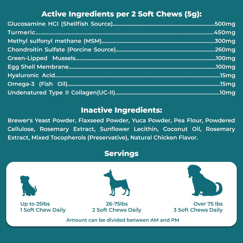 Joint Supplements for Dogs - Dog Hip and Joint Care Chews with Glucosamine, Chondroitin, Green Lipped, Omega-3, Turmeric and MSM for Arthritis, Chicken Flavor (100 Count)