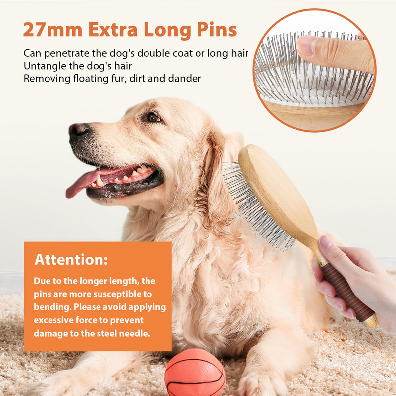 Dog Brush, Pin Brush for Dogs, 27mm Extra Long Pin Brush, Dog Grooming Brush for Shedding, Dog Brush for Long Haired Dogs - Beech Wood Material, Non-Slip Rubber Handle, Round-Tipped Pins 27mm Pins-Beech Wood - BeesActive Australia