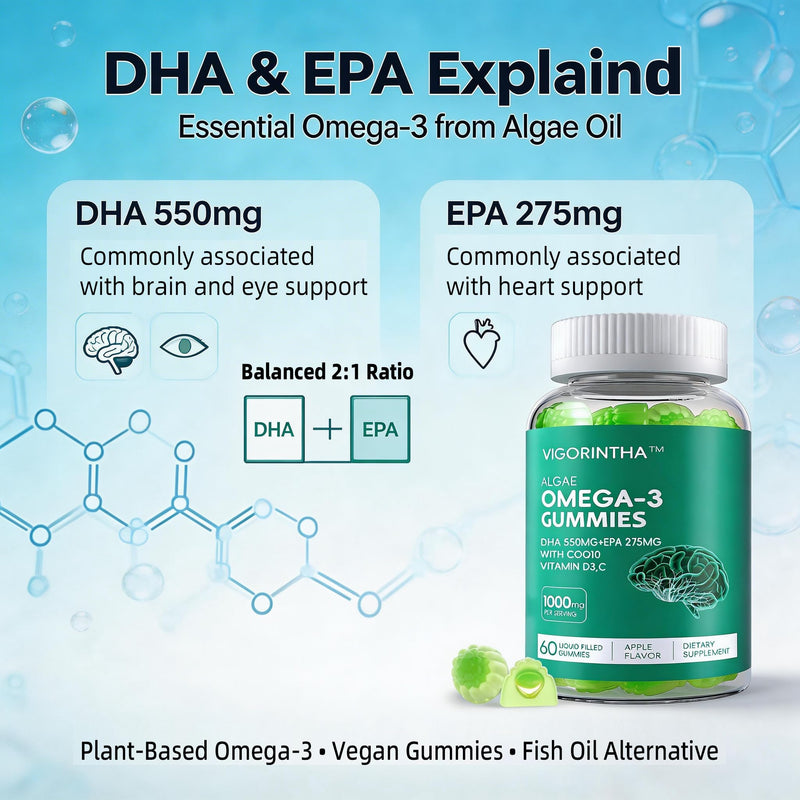 Vegan Omega 3 Gummies 1000mg with Coq 10, Vitamin D3,E,C,Omega 3 Fish Oil Alternative for Adults, Plant Based DHA 550mg & EPA 275mg for Brain, Mobility, Eye, Sugar Free, 60 Count 60 Count (Pack of 1)