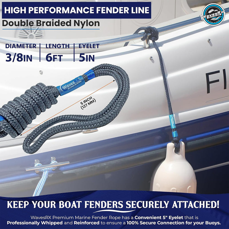 WavesRx Premium Fender Line - 4 Pack | Double Braided Nylon Boat Lines and Ropes for Docking Buoys & Fenders | Marine Dock Ropes for Boats, Pontoons (Marine Gray) Marine Gray