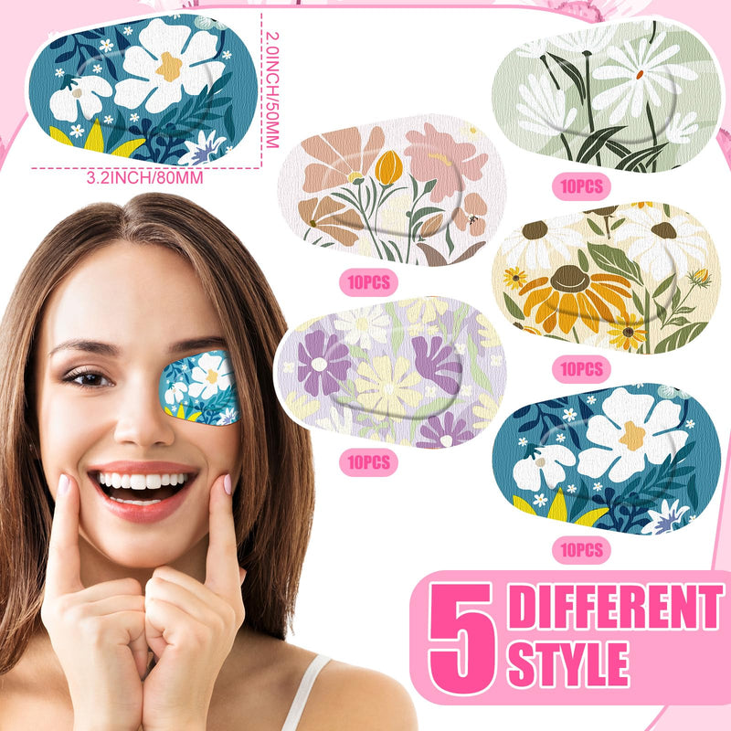 Geiserailie 50 Pcs Disposable Eye Patches for Adults with 5 Styles Vintage Boho Flower Designs Gentle Removal Eyepatches Adhesive Eyepatches for Lazy Eye Women Girl Gift - BeesActive Australia