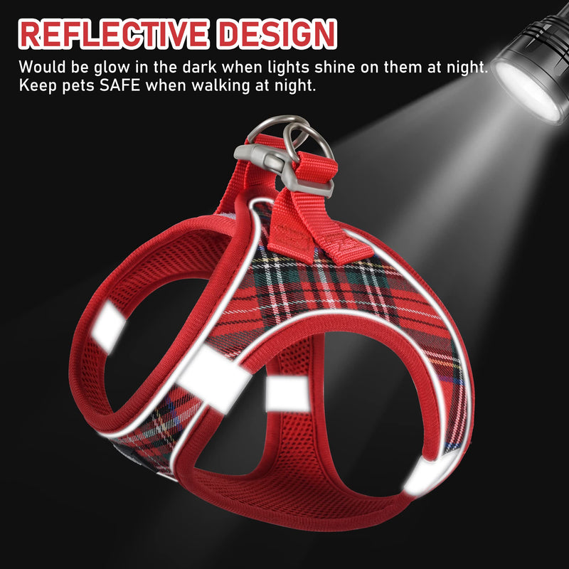 GAMUDA Small Dog Harness Collar and Leash Set, Step in No Chock No Pull Soft Mesh Adjustable Dog Vest Harnesses Plaid Reflective for Dogs Puppy Cats Kitten Rabbit (Red, S) Red - BeesActive Australia
