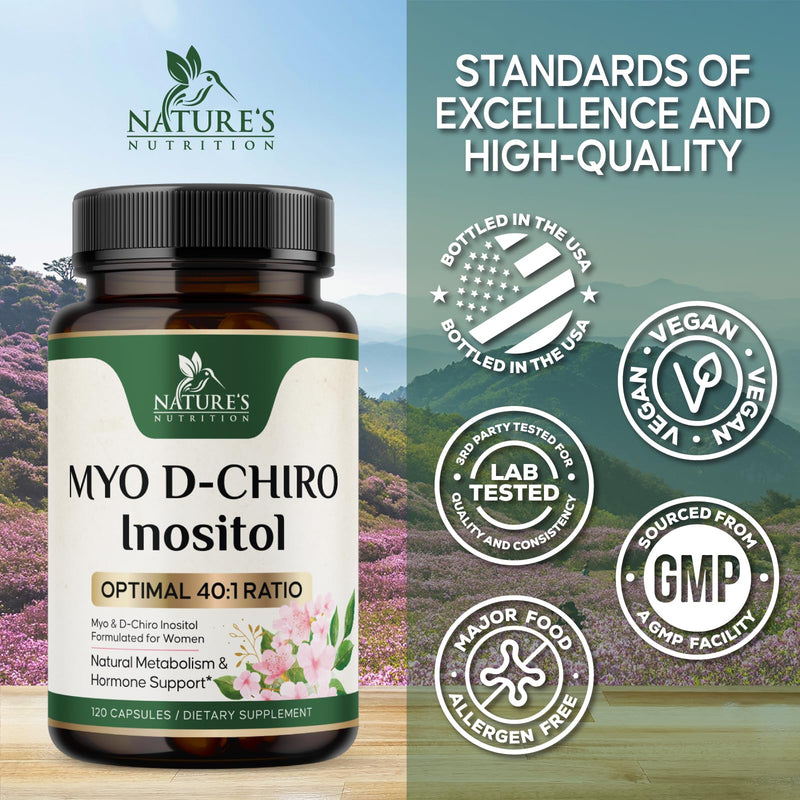 Myo-Inositol 2000mg Per Serving With D-Chiro - Optimal Ratio for Ovarian Support, Vegan Myo & D Chiro Supplement for Women's Natural Balance and Hormone Support, Vitamin B8, Non-GMO - 120 Capsules 120 Count (Pack of 1)