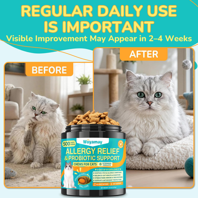 Woyamay Cat Allergy Relief for Cats with Probiotics, 500 Crunchy Cat Probiotic & Allergy Chews, Cat Allergy Treats to Stop Itching & Scratching, Probiotics for Cats Support Gut Health, Chicken Flavor
