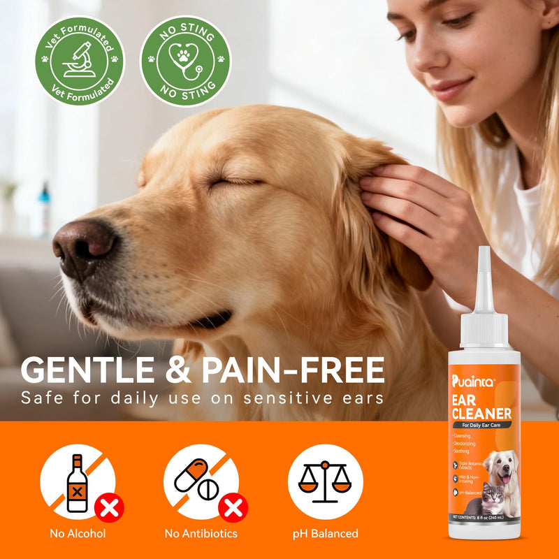 PUAINTA Dog Ear Cleaner Solution - Alcohol-Free Ear Wash with Quantum Silver & Witch Hazel - Soothes Itch, Removes Wax & Odor - Gentle Daily Flush for Dogs & Cats (8 oz) 8oz