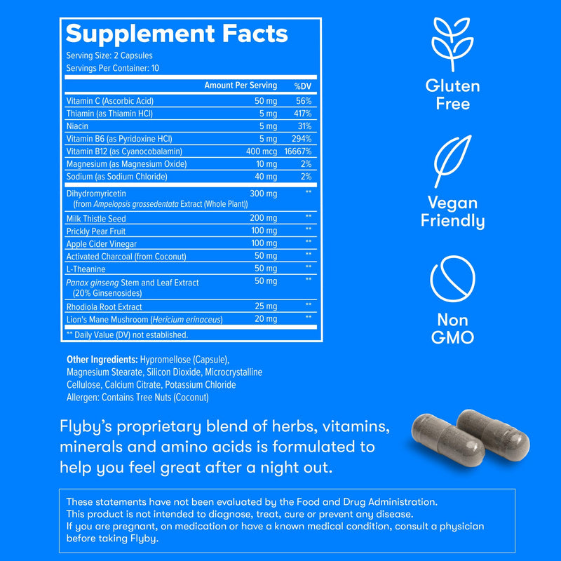 Flyby Recovery with DHM, Milk Thistle & Activated Charcoal - 20 Count | Made in USA, Vegan, Non-GMO. With Vitamin C, B Vitamins, Ginseng & Prickly Pear. Take Before and After a Night Out. Pack of 20