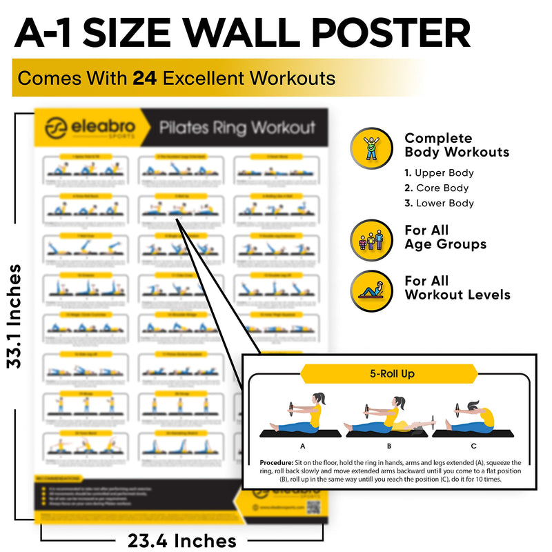 Eleabro Sports 14 inch Pilates Ring Circle - Magic Circle -with A1 Size Workout Poster, Inner Thigh Exercise Ring, Ideal for All Heights-Yoga Ring Fitness Ring with Soft Handles Black 14''