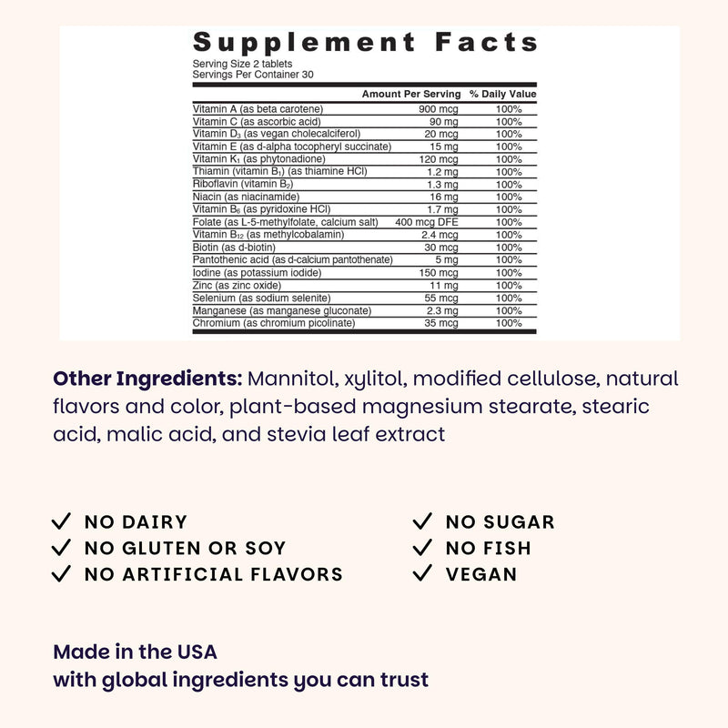 EZ Melts Multivitamin Without Iron - Daily Supplement with 18 Vitamins & Minerals - Contains Vitamin C, Folate, Biotin & More - Non-GMO & Vegan - Apple - 60 Dissolvable Tablets (30 Servings) 60 Count (Pack of 1)