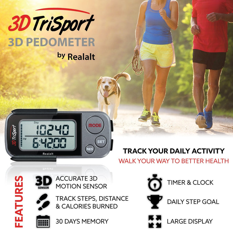 Realalt 3DTriSport 3D Walking Pedometer with Clip & Strap, Accurate Step Counter with 30-Day Memory, Distance in Miles/KM with Large Display Perfect for Seniors & Beginners, eBook Included One Size Grey - BeesActive Australia