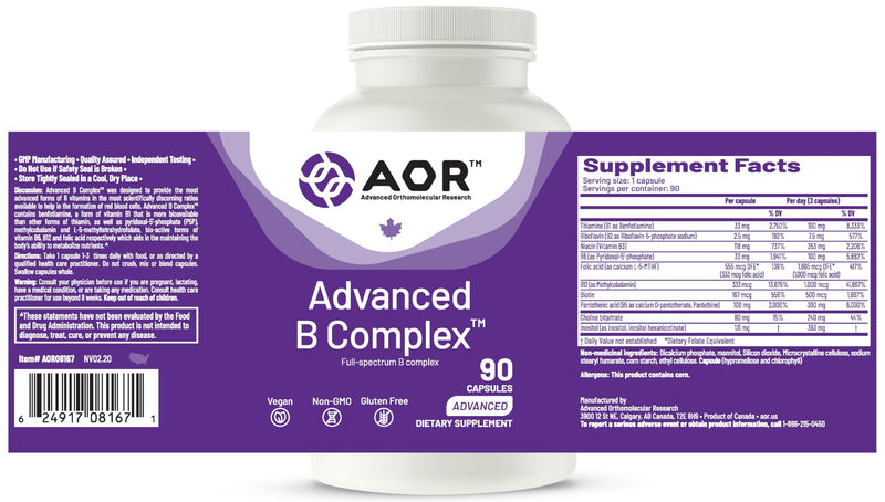 AOR Vitamin B Complex, Methylcobalamin 5-MTHF, No Flush, 90 Vegan Capsules | Active B Forms with Methylcobalamin & 5-MTHF, No Flush Niacin, 8 Essential B Vitamins, Vegan Capsule, Gluten Free, GMO Free 90 Count (Pack of 1)