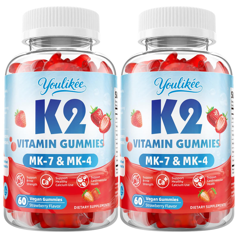 2 Pack Sugar-Free Vitamin K2 Gummies, Dual Formula Vitamin K2 Supplement with MK-7 & MK-4, Supports Bone Health, Gluten-Free, Non-GMO, Sugar-Free, Strawberry Flavor, 120 Gummies 60 Count (Pack of 2)