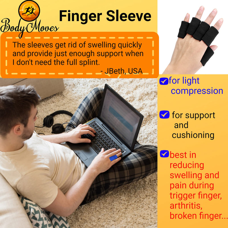 BodyMoves 2 Finger Splints plus 2 sleeves for Trigger Mallet Broken Finger brace joint support for men and women- ideal for seniors (4 pc set, Midnight Black) 4 Count (Pack of 1)
