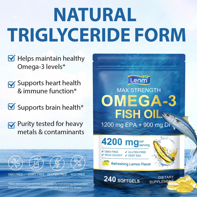 Omega-3 Fish Oil, Lemon Flavor 240 Softgels 4200mg Omega 3 Supplements with 1200mg EPA & 900mg DHA, Wild Caught ﻿