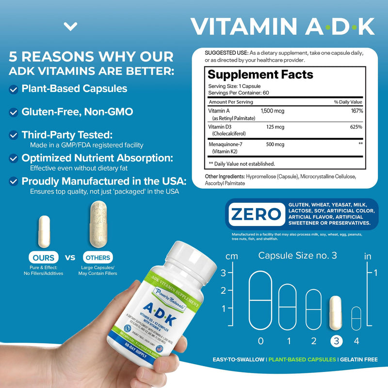 Power By Naturals ADK Vitamin Supplement - Vitamins A, D3 & K2 MK-7 | Vitamins D3 5000 IU & K2 MK-7 for Bone Health & Immune Support - Calcium Absorption - Gluten-Free, Soy-Free - 60ct (2-Month) 1