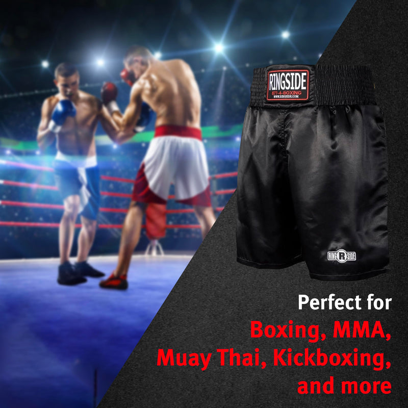 Ringside Pro-Style Boxing Trunks, Satin Shorts for Men and Women, Ideal for Boxing, MMA, Muay Thai Adult Large Black