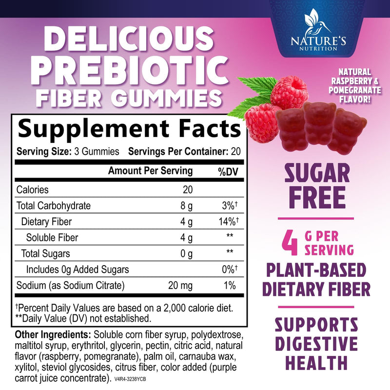 Fiber Gummies – Sugar Free Prebiotic Plant-Based Fiber 4g per Serving Supplement - Improved Soluble Formula Supports Digestive Health & Regularity - Non-GMO, Natural Berry Flavor Chewable - 60 Gummies 60 Count (Pack of 1)