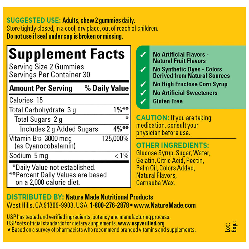 Nature Made Extra Strength Vitamin B12 Gummies, 3000 mcg per serving, B12 Vitamin Supplement for Energy Metabolism Support, 60 Gummy Vitamins, 30 Day Supply