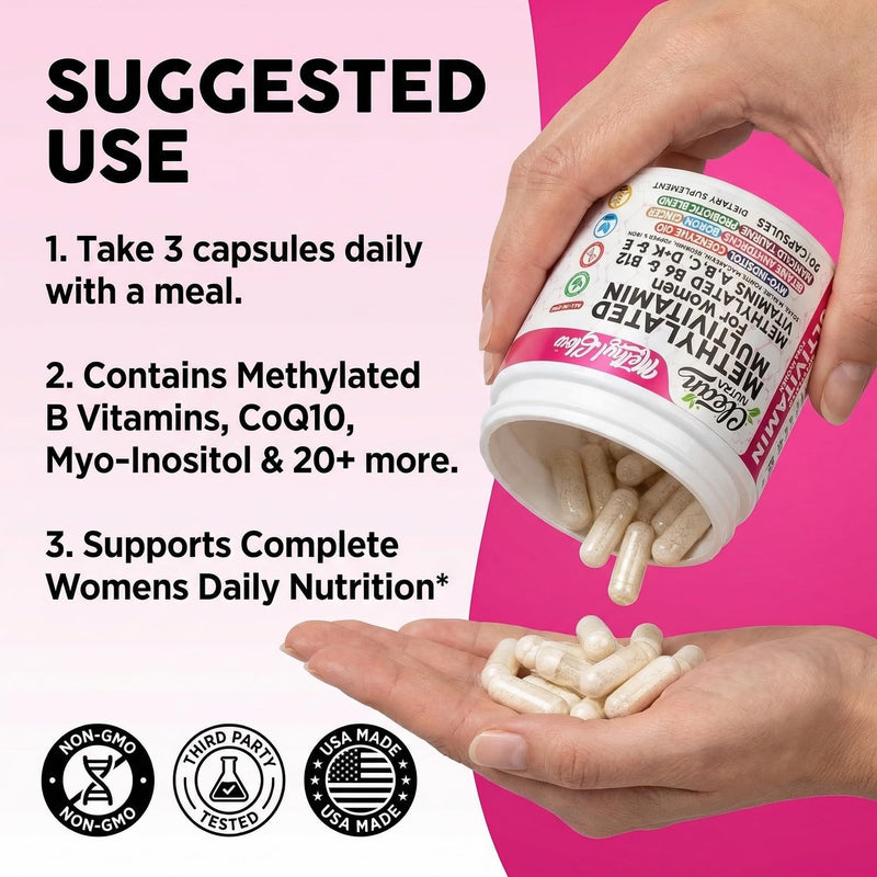 Methylated Multivitamin for Women Vitamins B6 Methyl B12 A B C D K E Folate Choline Omega 3 Thiamine Riboflavin Iron Iodine Magnesium Zinc Selenium Copper Calcium 90 Capsules by Clean Nutra