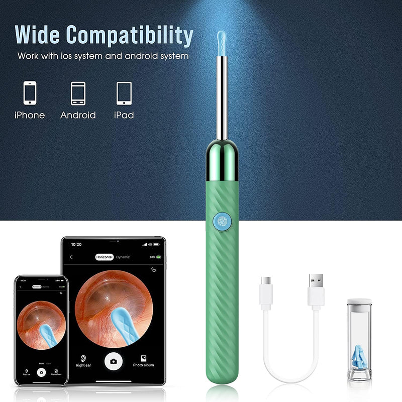 LEIPUT Ear Wax Removal - Earwax Remover Tool with 8 Pcs Ear Set - Ear Canal Cleaner with 1080P Camera - Ear Cleaning Kit with 6 Ear Spoon - Ear Camera for iOS & Android (Green) Green - BeesActive Australia