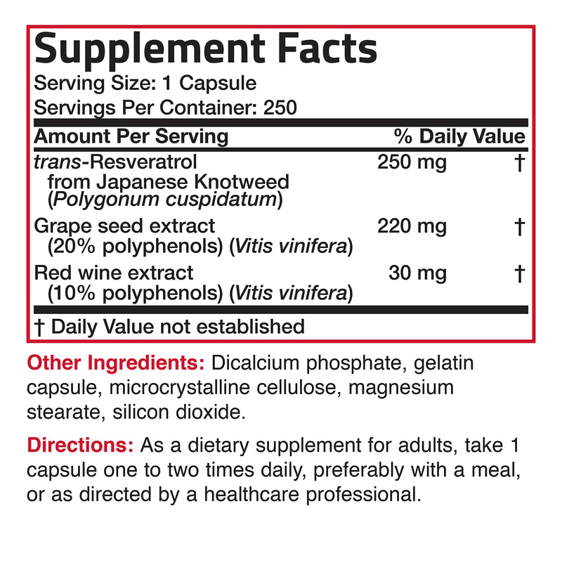 Bronson Resveratrol Complex 500 mg with Grape Seed & Red Wine, 250 Capsules | trans-Resveratrol from Japanese Knotweed, Healthy Aging & Cellular Support, Non-GMO, Gluten-Free & Soy-Free 250 Count (Pack of 1)