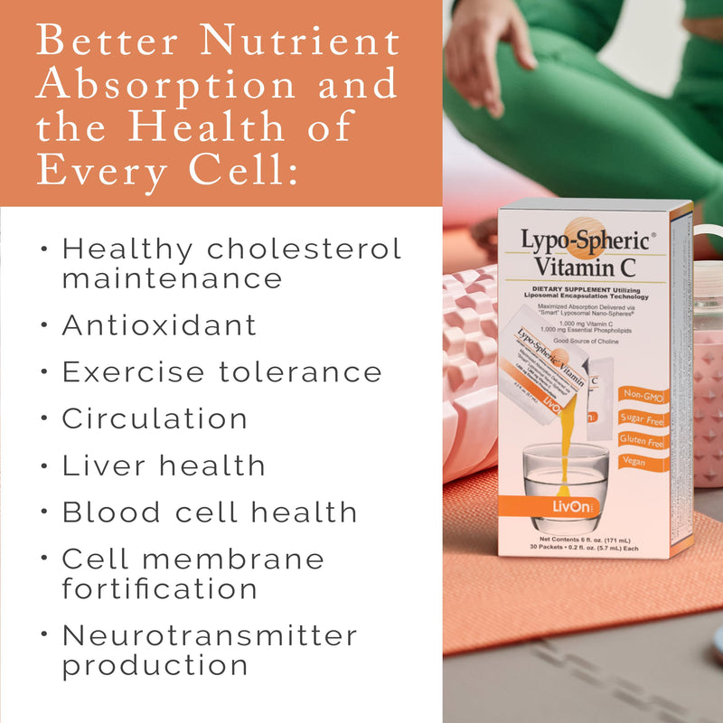 LivOn Laboratories Lypo-Spheric Vitamin C, 1000 mg Vitamin C and Essential Phospholipids Per Packet, Liposome Encapsulated for Improved Absorption, Non-GMO, 0.2 Fl Oz (Pack of 30) 30 Count (1 Pack)