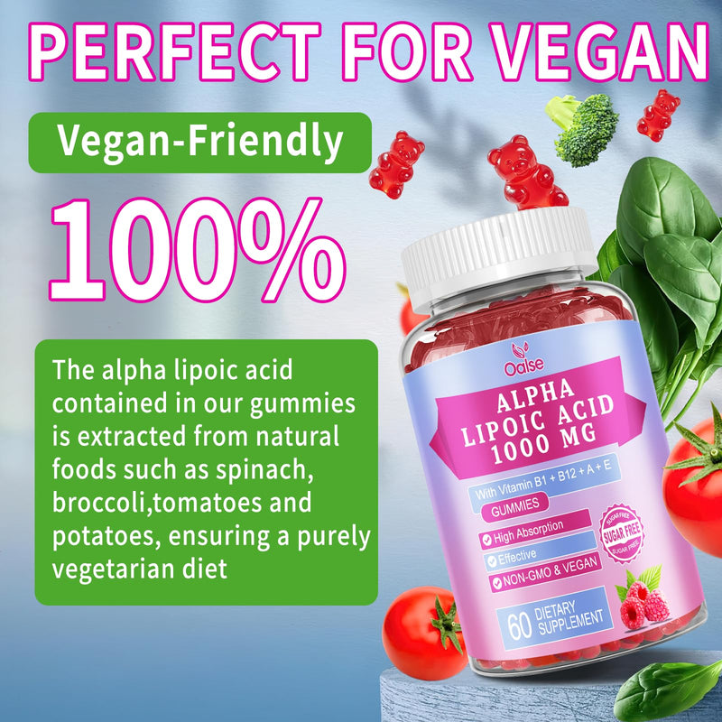 2 Pack Alpha Lipoic Acid Gummies 1000mg with Vitamin B1, ALA Supplement | Sugar Free Chewable Alpha Lipoic Acid 600mg for Energy Support, Raspberry Flavor, 120 Count 60 Count (Pack of 2)
