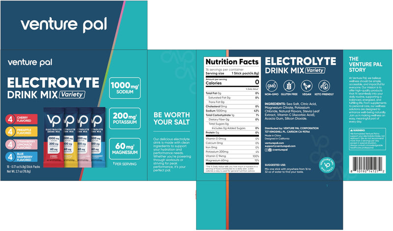 Venture Pal High Sodium Sugar Free Electrolytes Powder Packets, 16 Count | Hydration Packets with Sodium, Magnesium & Potassium, Vitamins, Zero Calories, Vegan, Keto & Paleo Friendly 0.17 Ounce (Pack of 16) V1-Variety Salt