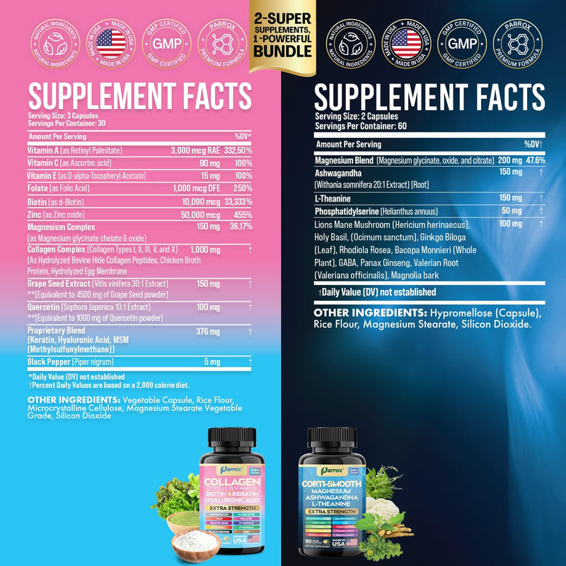 Cortisol & Collagen Bundle, Ashwagandha, Shining Serenity Set, 2 Pack | Ashwagandha, L-Theanine, Magnesium, Lions Mane, GABA, Bacopa, Collagen I-X, Folate, Biotin, Keratin 150 Count (Pack of 2)