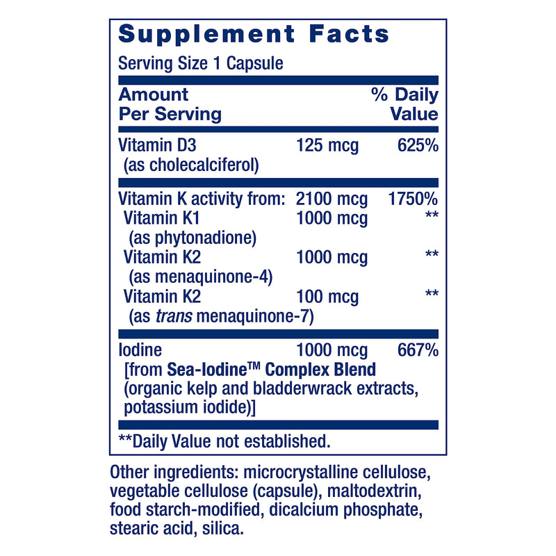 Life Extension Vitamins D and K with Sea-Iodine, vitamin D3, vitamin K1 and K2, iodine, supports immune, bone, arterial and thyroid health, non-GMO, gluten-free, 60 capsules 60 Count (Pack of 1) - BeesActive Australia