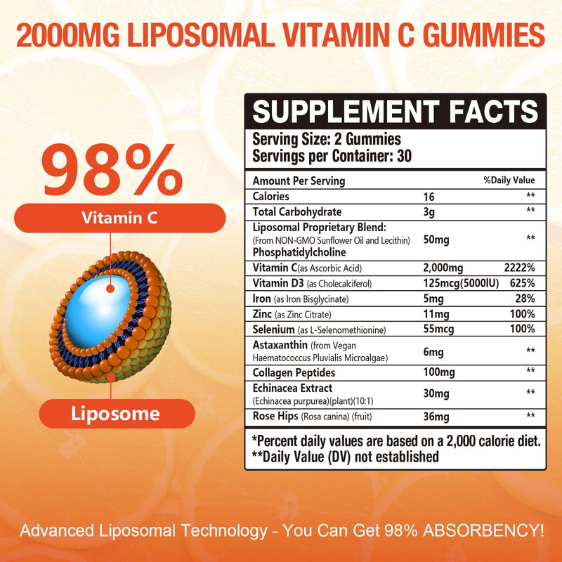 2 Pack 2000mg Liposomal Vitamin C Gummies for Adults & Kids Immune Support, Antioxidant & Collagen Booster Complex with Rose HIPS, 5000IU D3 ,Elderberry, Echinacea, Iron & Zinc, Orange Flavor, 120 Cts 60 Count (Pack of 2)