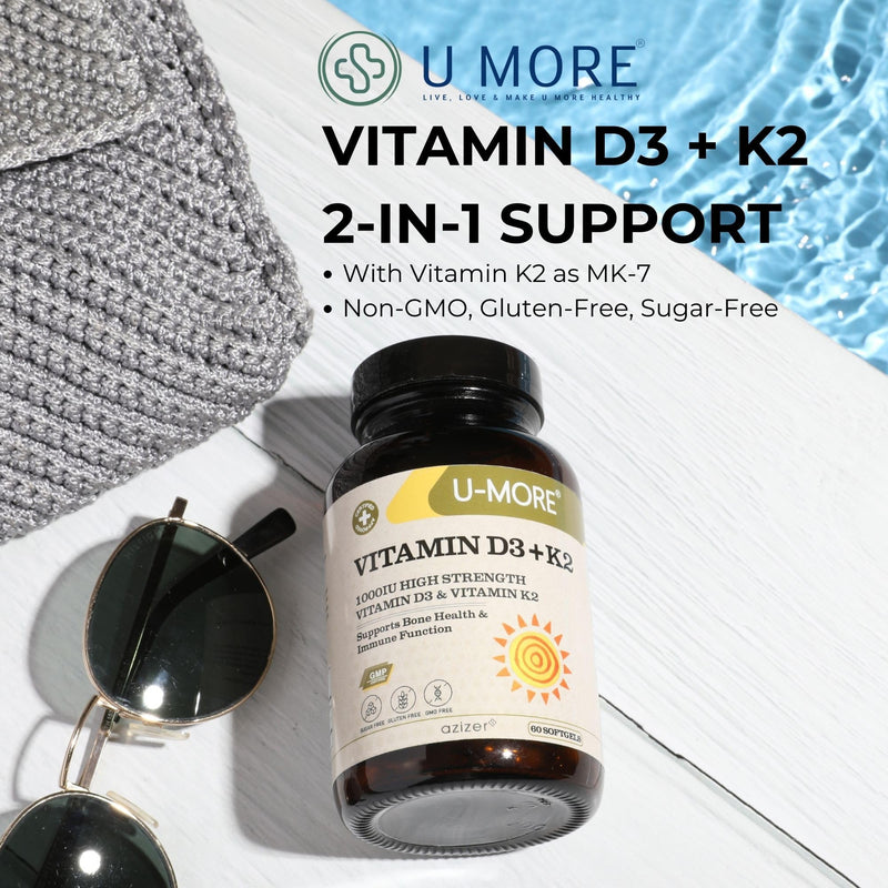 U-MORE - 1000 IU High Strength Vitamin D3 & Vitamin K2 (Menaquinone 7) - Sugar Free - Supports Bone Strength & Immune Function - 60 Softgels