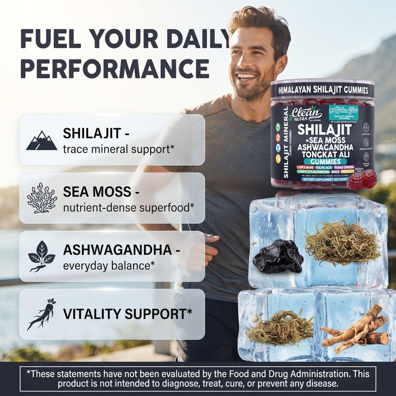 Alpha Glow Shilajit Gummies with Irish Sea Moss Tongkat Ali Ashwagandha Lion's Mane MACA Panax Ginseng Rhodiola & Cordyceps By Clean Nutra (1) 1
