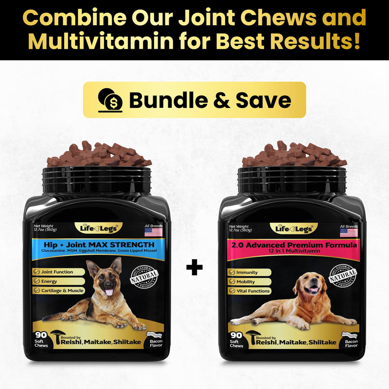 Hip and Joint Supplement and 23-in-1 Multivitamin Chews Bundle for Small, Medium and Large Dogs - 180 Count