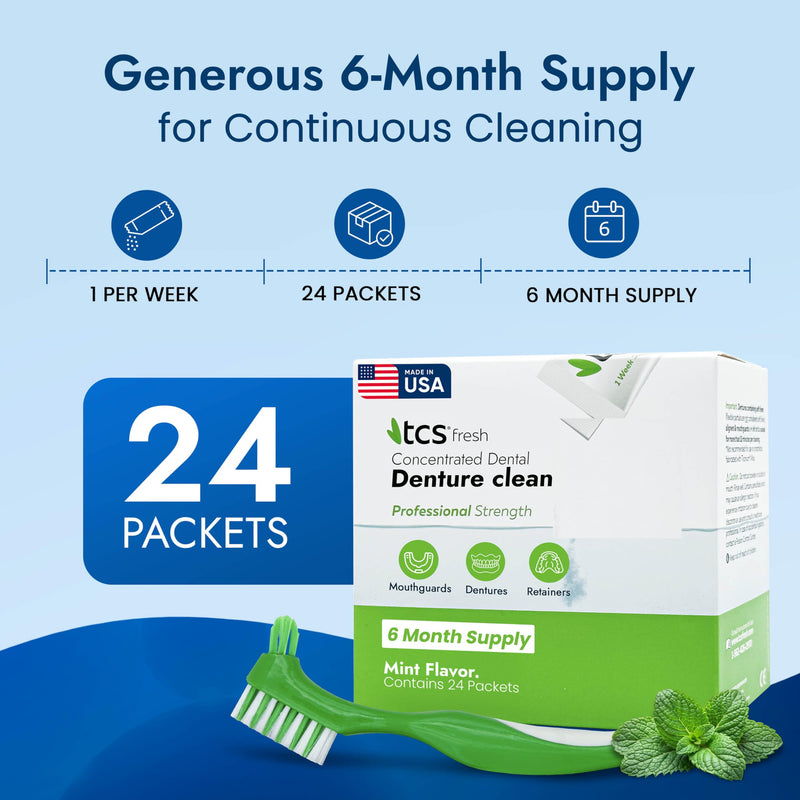 TCS Fresh Concentrated Dental Appliance Cleaner Set, Professional Denture and Retainer Cleaner Powder with Soft Bristle Brush (24 Packets, 6 Month Supply, Mint Flavor) Cleaner Powder with Bristle Brush (24 Packets) - BeesActive Australia