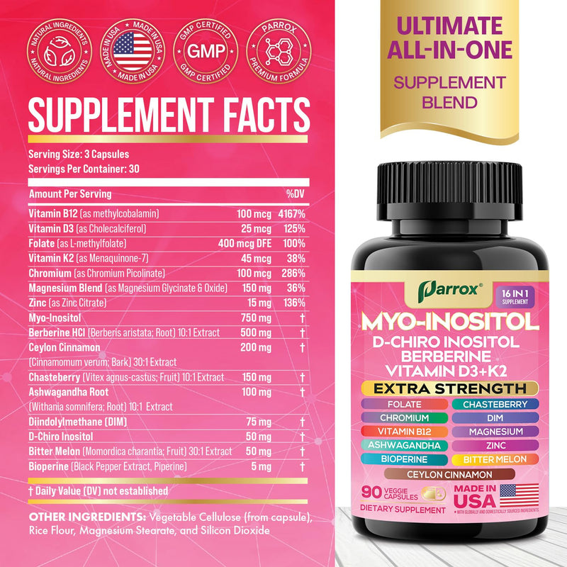 Myo-Inositol Supplement, 14-in-1 D-Chiro Inositol & Berberine, 2 Pack | D-Chiro Inositol, DIM, Berberine, Vitamins D3+K2, B12, Chromium, Cinnamon, Zinc, Ashwagandha, Chasteberry 90 Count (Pack of 2)