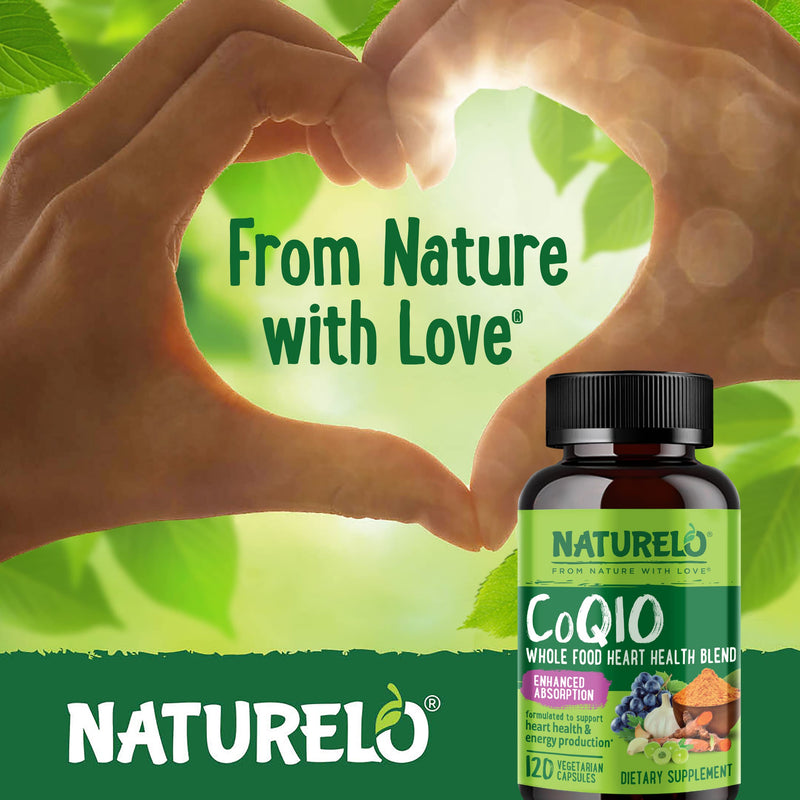 NATURELO Whole Food CoQ10 Supplement, 120 Vegetarian Capsules | Heart Health Blend, Powerful Antioxidant, CoQ10 100mg Supports Energy Production Unflavored 120 Count (Pack of 1)