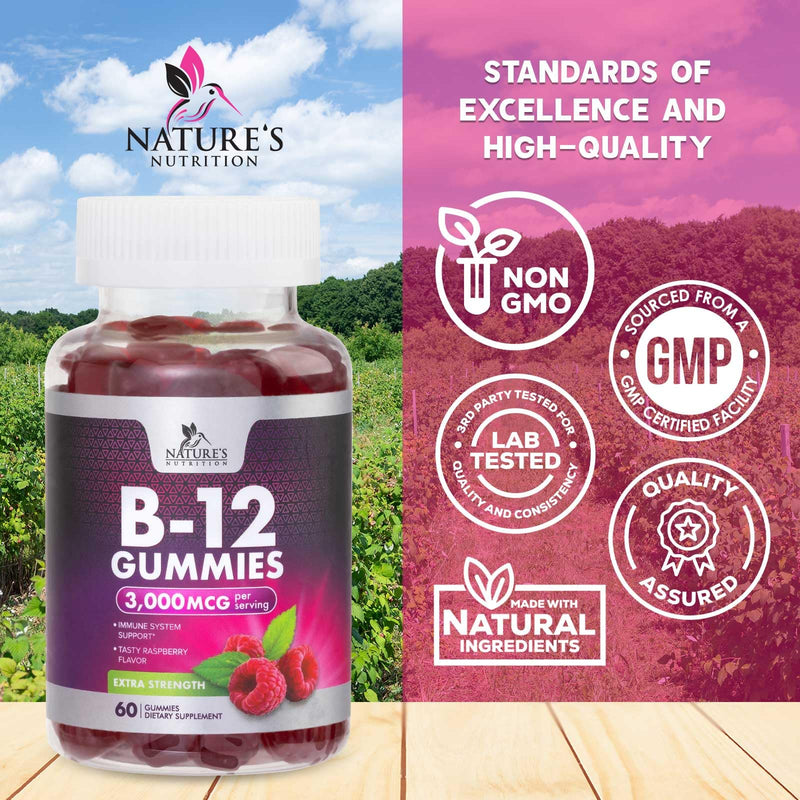 Vitamin B12 Energy Gummies - 3000 mcg per Serving Extra Strength B 12 Gummy for Metabolism, Immune Support - Chewable Dietary B-12 Supplements, Natural Caffeine Free Gummy, Berry Flavor - 60 Gummies 60 Count (Pack of 1)