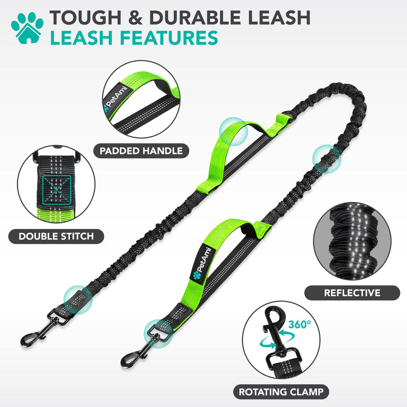 PetAmi Heavy Duty Hands Free Dog Leash, Adjustable Waist Belt for Large Dog Walking Up to 125 lbs, Bungee Leash for Pet Running, Hiking, Reflective Safety for Jogging, Biking, Green Handle 1 Leashes