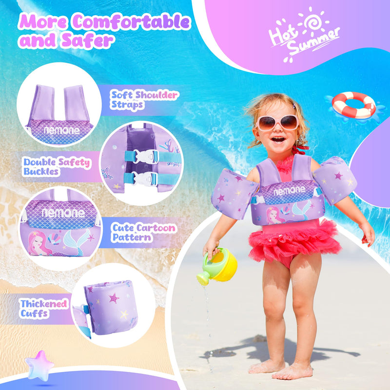 Nemone Toddler Swim Vest for 22-70 lbs Kids Floaties Swim Jacket with Arm Water Wings for Girls Boys 1 2 3 4 5 6 7 Years Old Beach Pool 20 30 40 50 60 66 Pounds Puddle Jumper A- Purple Mermaid Kids 22-70 lbs