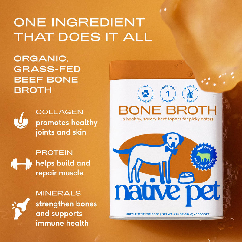 Native Pet Beef Bone Broth Powder for Dogs (48 Servings) & Salmon Oil for Dogs & Cats (8 Oz.) – Pure Omega-3 Fish Oil and Beef Bone Broth Protein Rich Pet Food Supplement