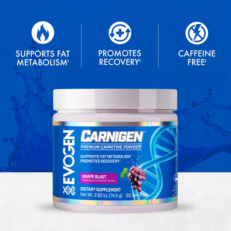 Evogen Carnigen Supports Energy and Metabolism | Grape | 50 Servings | Stimulant-free L-carnitine, acetyl L-carnitine and L-carnitine fumarate with BioPerine, B6 and pantothenic acid