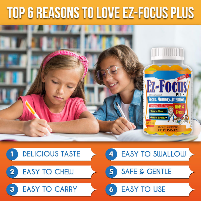 Plus Brain Booster Omega 3 Kids Focus and Attention Supplements for Cognitive Health, Support Memory, Mental Clarity, Concentration for Children and Teens - Fruity Flavor Vitamins 60 Count