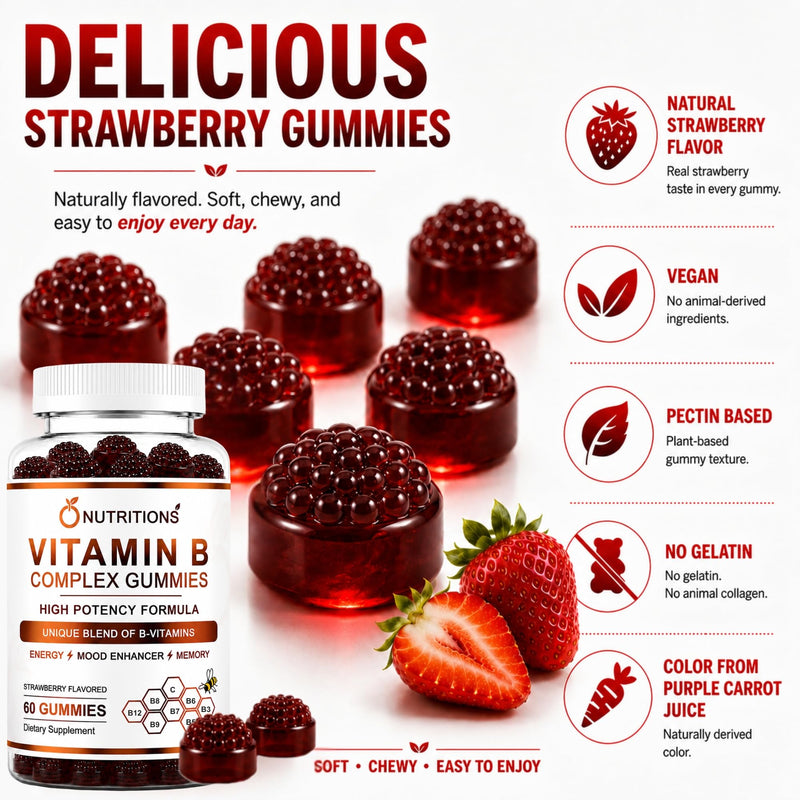 O NUTRITIONS Vitamin B Complex Gummies for Women & Men - Vitamin B12, Biotin, Folate, Vitamin C - Energy, Mood, Memory & Focus Support - Hair, Skin & Nails - Vegan Strawberry Gummies, 60 Count 1 PACK