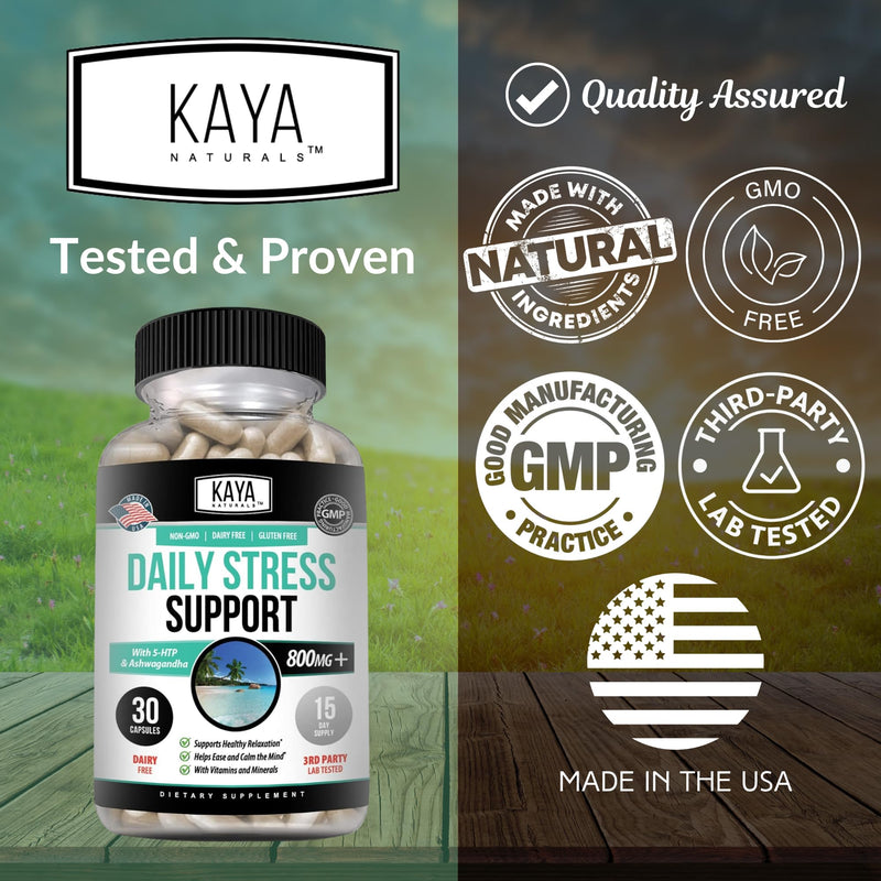 Kaya Naturals - Natural Herbal Stress Relief Support Vitamin Supplement to Relax and Calm The Mind - Boost Mood - Happy Pills - Anxiousness Support - 30 Capsules (Pack of 2) 30 Count (Pack of 2)