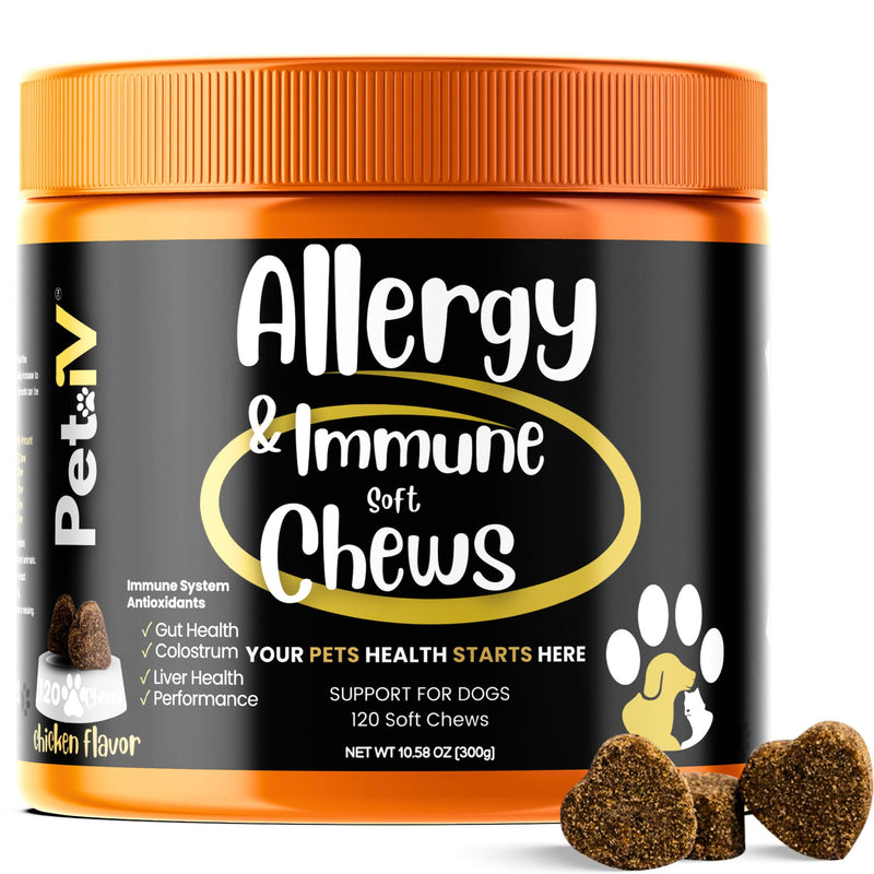 Dog Allergy and Probiotic Chews - 120 Allergy Chews for Dogs - Anti Itch Support for Pets Itchy Skin Relief Skin Health Support with Colostrum, Vitamin C, Omega by Pet IV