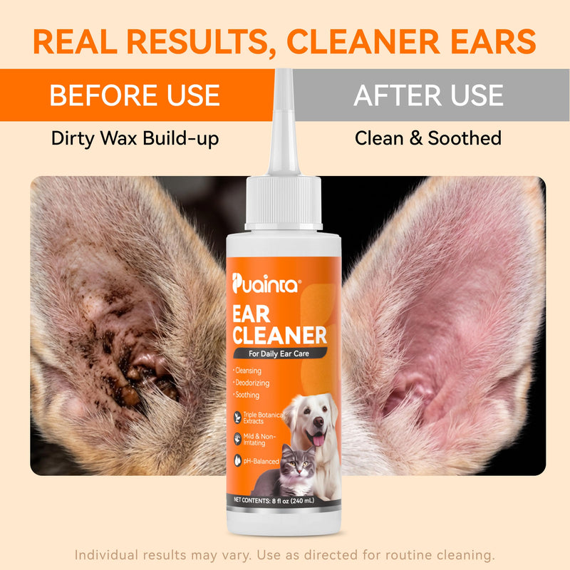 PUAINTA Dog Ear Cleaner Solution - Alcohol-Free Ear Wash with Quantum Silver & Witch Hazel - Soothes Itch, Removes Wax & Odor - Gentle Daily Flush for Dogs & Cats (8 oz) 8oz