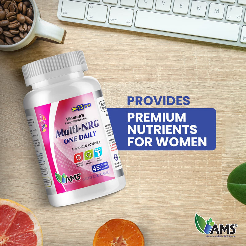 America Medic & Science Multivitamins for Women, Multi-NRG, 45 Coated Caplets, One Daily, Immune Support Supplements, Vitamin C & B Complex, Vital Micro-Nutrients & Natural Herbal Ingredients. 45 Count (Pack of 1)