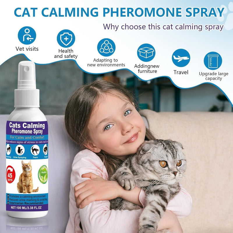 Cat Calming Pheromone Spray for Stress & Anxiety Relief – Reduces Scratching, Urine Spraying, Hiding – Drug-Free & Vet Recommended – Feline Calm Spray with F3 Facial Pheromone 2 * 100mL 8.9oz Blue